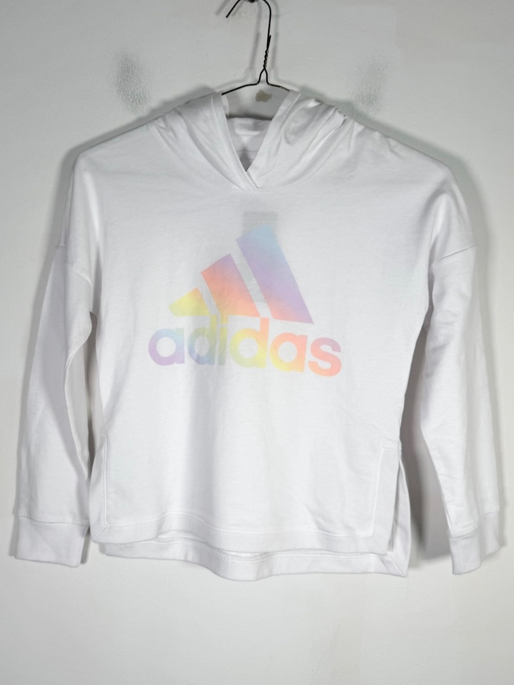 adidas Girl’s NWT Size Medium 10/12 White Hoodie with Pastel Rainbow Logo